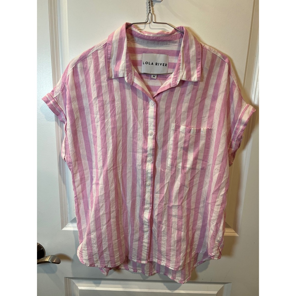 Lola River Womens Button Down Shirt Linen Blend Striped Pink M